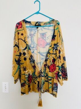Derek Heart Mustard Floral Tie-Front Kimono